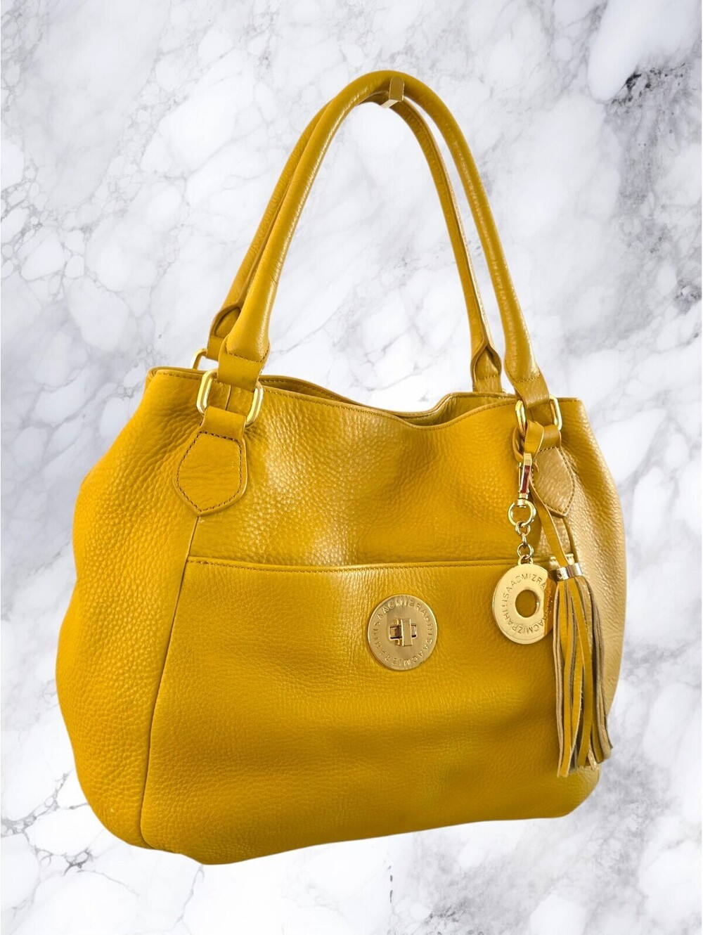 Isaac Mizrahi Live! Mustard Yellow Leather Shoulder Bag with Tassel Charm